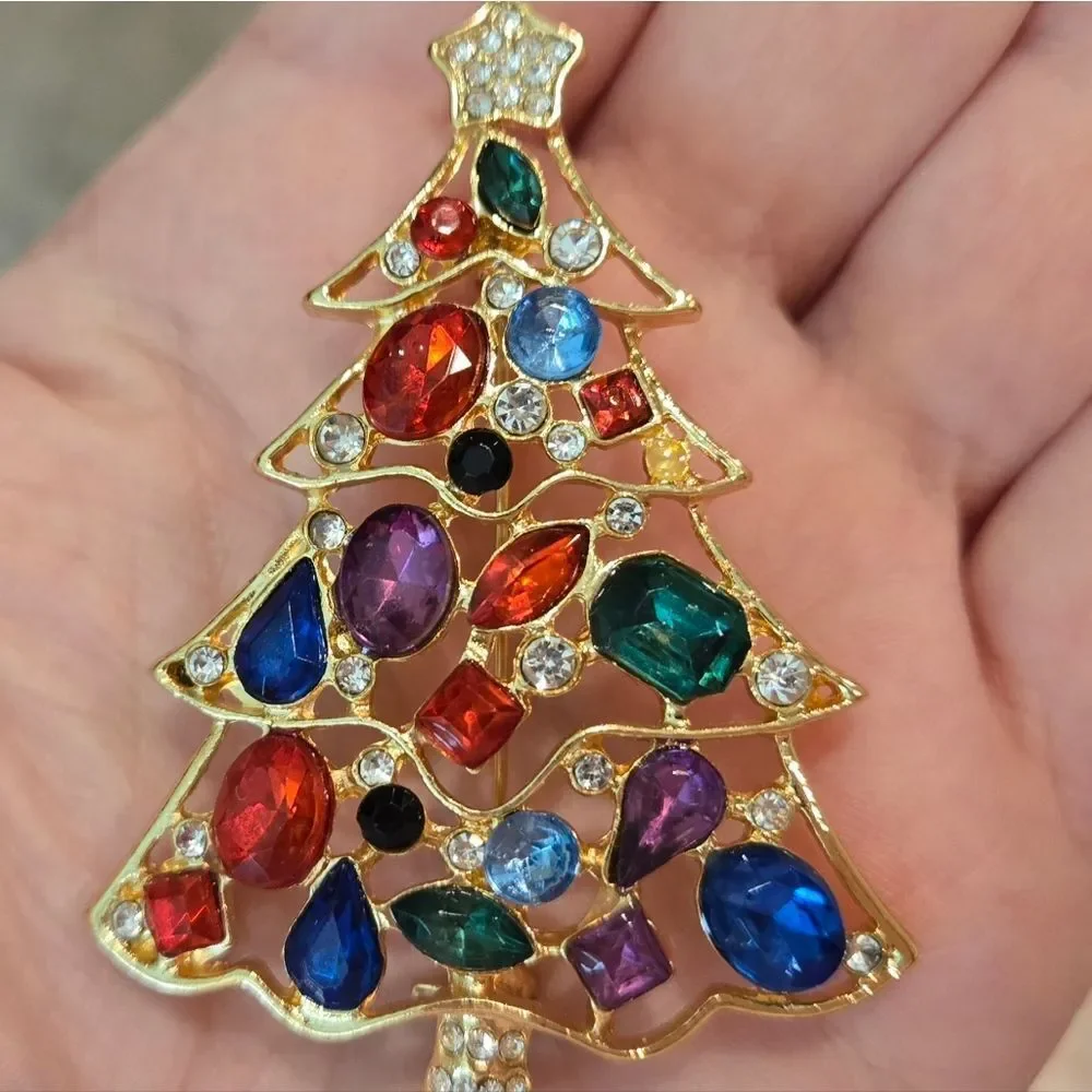 🎄🛍❤️VINTAGE Colorful Gemstone Christmas Tree Brooch